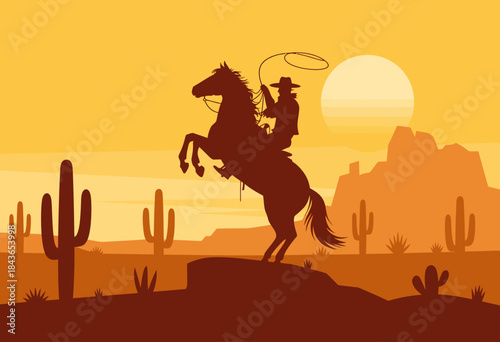 A silhouette of a cowboy riding a rearing horse against a vibrant sunset, showcasing the essence of wild west culture and the beauty of nature in the desert landscape.
