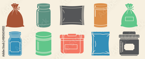 Seasoning Packaging Spice Bag Glass Jar Metal Tin Plastic Container Brown Background