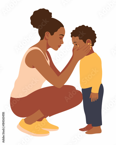 In this touching illustration, a mother lovingly comforts her son who appears upset, showcasing the deep emotional connection and unconditional support found in parent-child relationships.