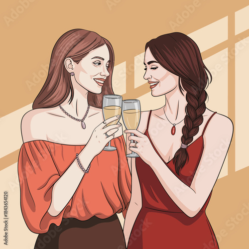 An illustration of two elegant women clinking champagne glasses in celebration, showcasing friendship, joy, and special moments shared together in a warm atmosphere.