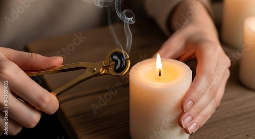 Close-up of candle trimming with elegant golden wick trimmers showing smoke
