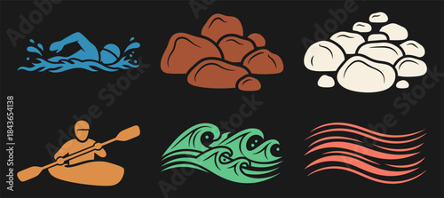 Wild River Swim Adventure Swimmer River Rocks Flowing Current Black Background