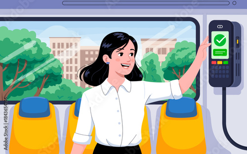 A young woman smiles as she uses a ticket machine on a bus, showcasing modern urban life and the convenience of public transportation in a bustling city environment.