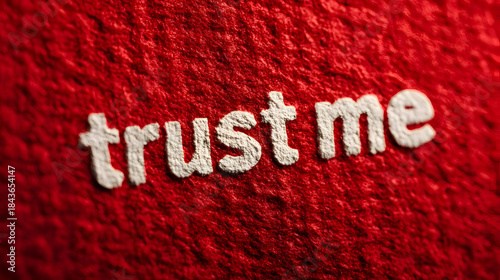 White 'Trust Me' Text on Textured Red Surface Close Up