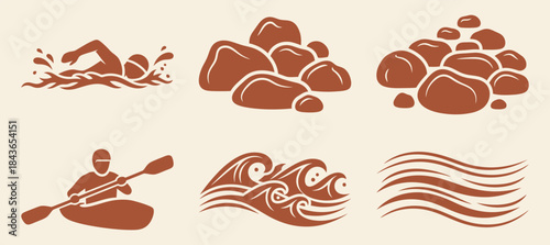 Wild River Swim Adventure Swimmer River Rocks Flowing Current Brown Background