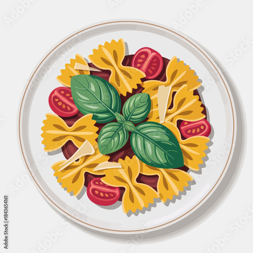 An exquisite plate of farfalle pasta garnished with fresh basil and cherry tomatoes, presenting an appetizing and colorful culinary experience that embodies Italian cuisine and love for food.