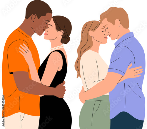A warm illustration of two couples embracing affectionately, showcasing love in diverse relationships, highlighting intimacy and connection in a vibrant, modern style.