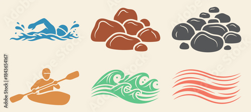 Wild River Swim Adventure Swimmer River Rocks Flowing Current Brown Background