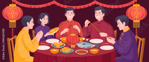 A lively family gathering at a round table filled with traditional Chinese dishes, showcasing joyful interactions and cultural celebrations through food and togetherness.