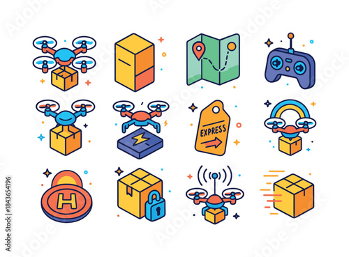 Drone Delivery Icons. drone delivery services. Colorful isometri