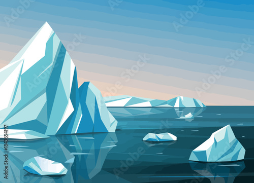 A stunning view of serene arctic icebergs reflected in clear waters under a calm sky, representing the beauty of nature and the impact of climate change on our planet.