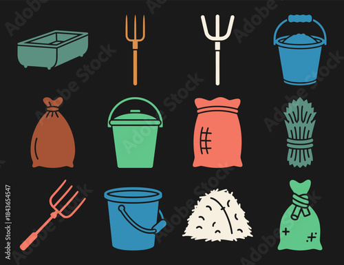 Barn Feeding Tools Feed Bucket Pitchfork Trough Grain Sack Bucket Lid Black Background