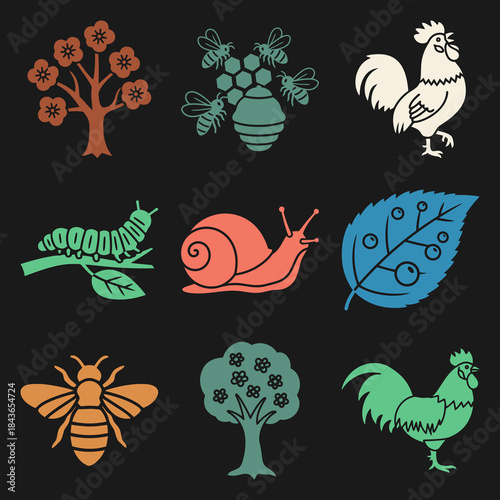 Nature Waking Up Rooster Blooming Tree Bees Dew On Leaf Caterpillar Snail Black Background