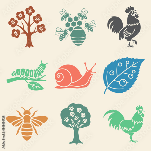 Nature Waking Up Rooster Blooming Tree Bees Dew On Leaf Caterpillar Snail Brown Background