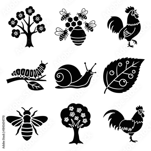 Nature Waking Up Rooster Blooming Tree Bees Dew On Leaf Caterpillar Snail