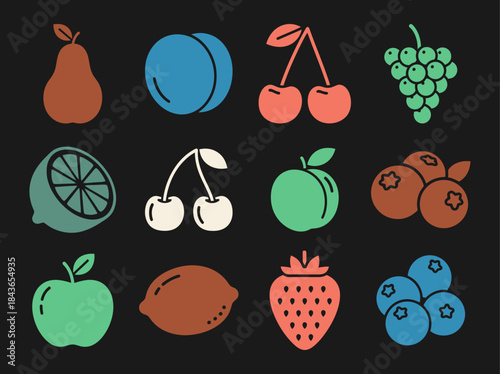 Garden Fruits Apple Strawberry Lemon Cherry Blueberry Peach Pear Grape Black Background