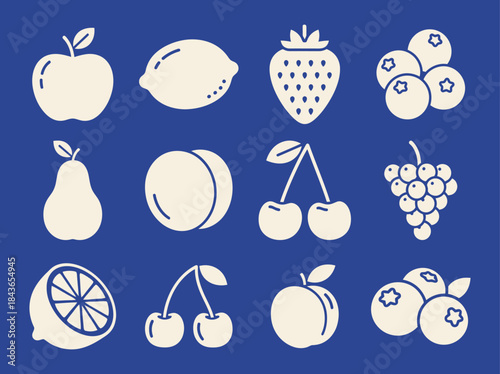 Garden Fruits Apple Strawberry Lemon Cherry Blueberry Peach Pear Grape Blue Background