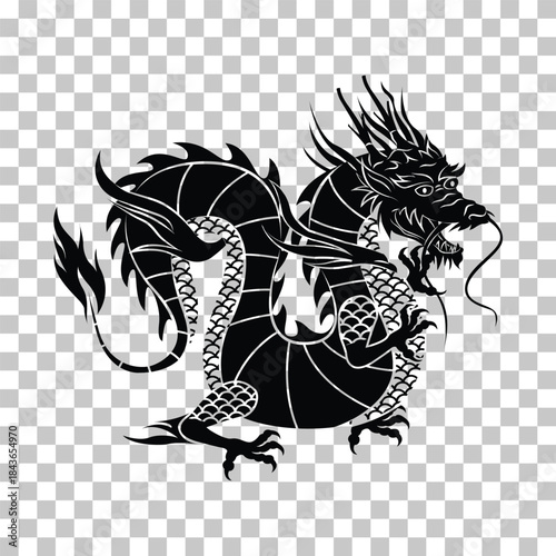 A majestic black silhouette of a traditional Chinese dragon with intricate details, depicted on a transparent background.