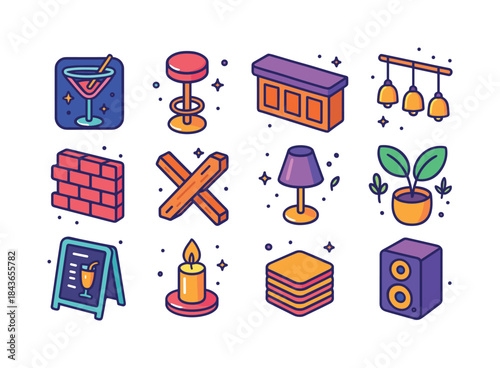 Isometric Bar Icons. Bar ambiance. Colorful isometric vector ico