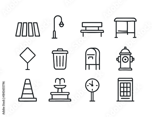 Town Icon Grid. Town Streets. Line icon set of Town Streets: cro