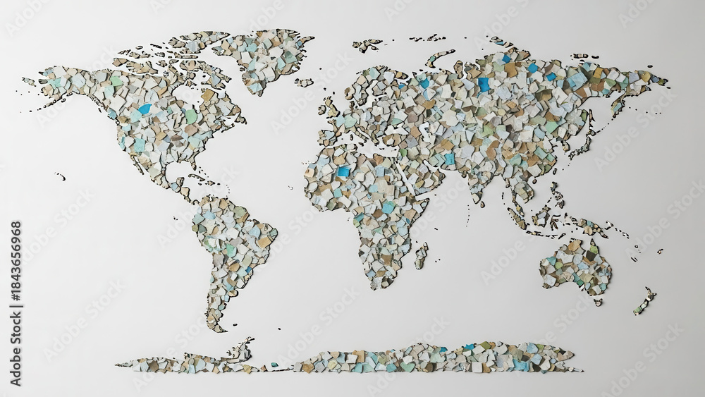 Fototapeta premium Creative illustration of a world map made from recycled materials, symbolizing recycling and environmental impact 