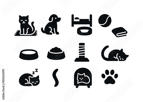 Indoor Pet Icons. Indoor pet life. Solid icon set of indoor pet