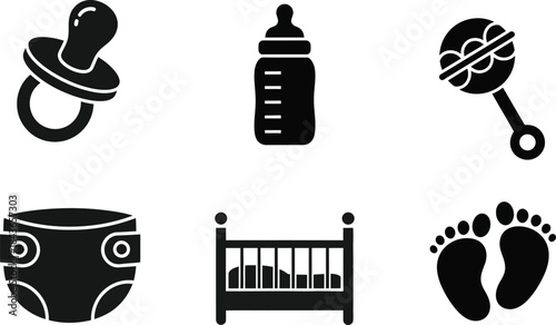 Monochromatic set of baby essential icons pacifier, bottle, rattle, diaper, crib, and tiny footprints. Ideal for newborn care, infant development, and nursery design concepts