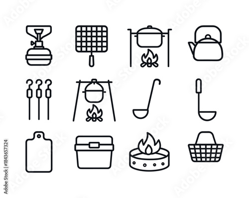 Outdoor Cooking Icons. Outdoor cooking. Line icon set of outdoor