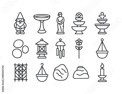 Garden Ornament Icons. Garden ornaments. Line icon set of Garden