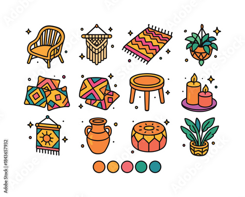 Boho Living Room Icons. Boho living room. Colorful isometric vec