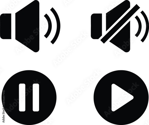 Set of four black audio and video playback control icons including volume, mute, pause, and play