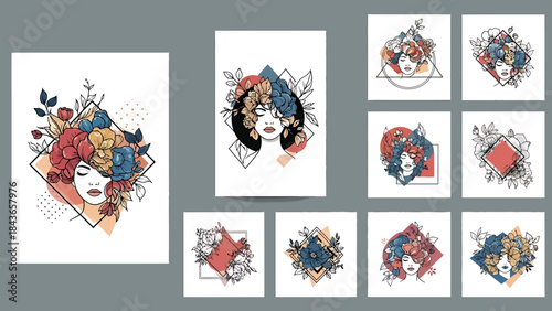 Abstract Geometric Portraits of Women with Floral Elements in a Minimalist Style