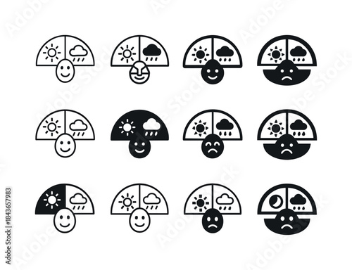 Weather Mood Icons. how weather affects mood. Icon set. Set Logo