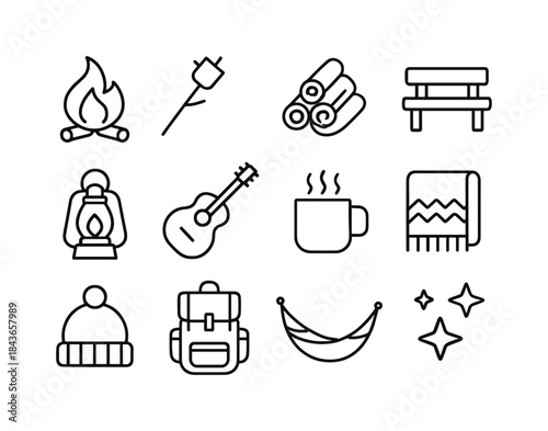 Campfire Icon Set. Campfire and leisure. Line icon set of Campfi