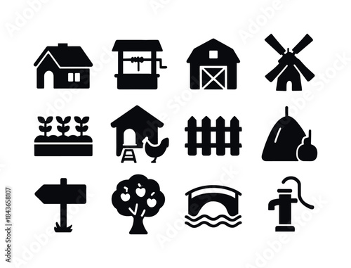 Village Icon Set. Village. Solid icon set of Village: cottage, w