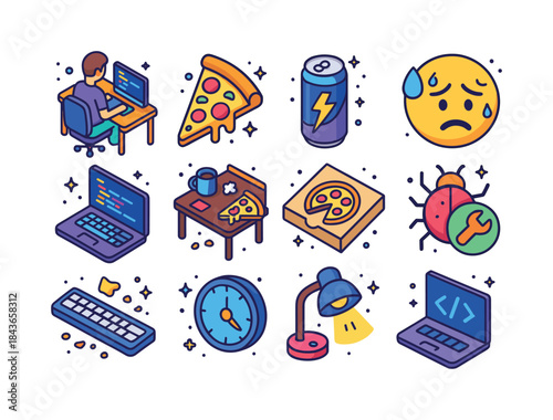 Coding Fuel Icons. sweat + code + pizza. Colorful isometric vect