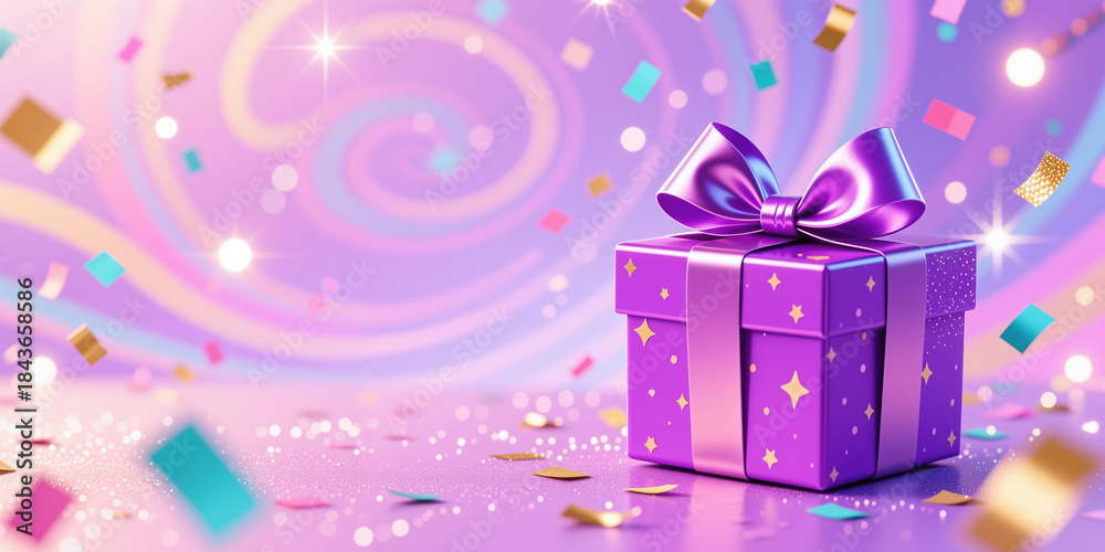 Fototapeta premium Vibrant purple gift box adorned with a matching bow, surrounded by swirling patterns, confetti, and stars, perfect for a birthday or celebration in a whimsical style.