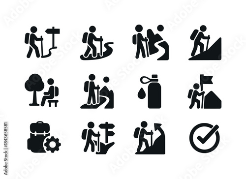 Hiking Journey Icons. Hiking journey stages. Solid icon set of h