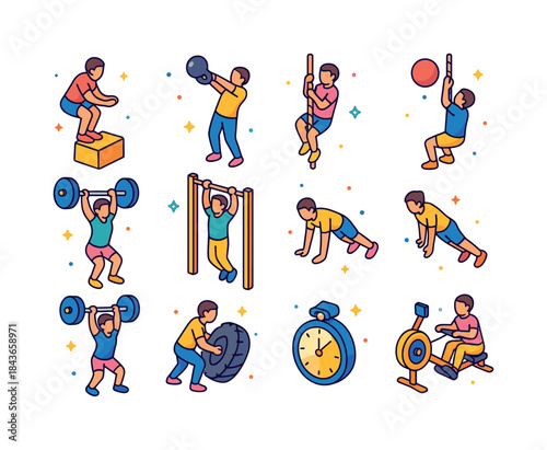 Crossfit Icon Set. Crossfit HIIT. Colorful isometric vector icon