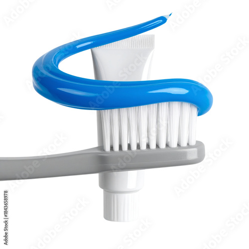 Top-Down View of Toothbrush with Blue Toothpaste Swirl, isolated