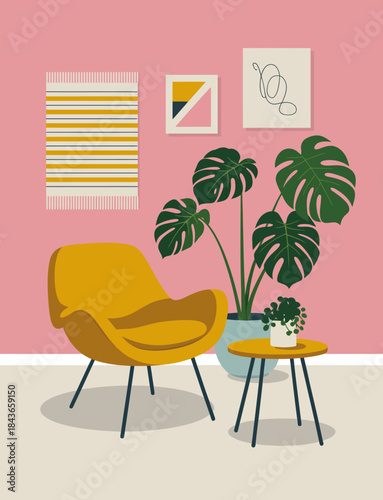 A stylish interior featuring a comfy chair, modern art on the wall, and a beautiful monstera plant, illustrating the essence of contemporary home design and decor.