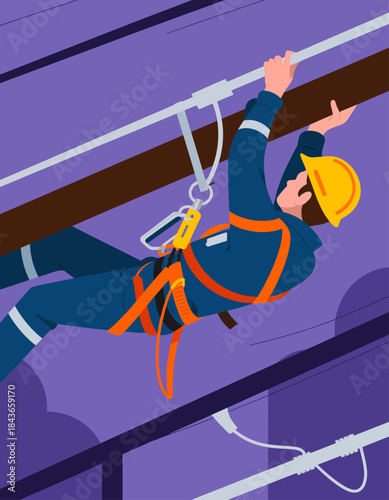 A construction worker in safety gear climbing a beam, emphasizing safety practices and the vital role of workers in infrastructure, showcasing bravery and professional commitment.