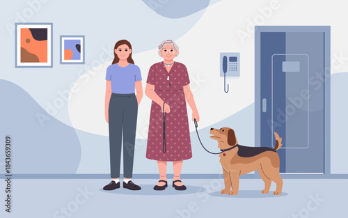 This heartwarming scene captures a woman standing with her elderly companion and a friendly dog, showcasing companionship and warmth in a cozy living space atmosphere.