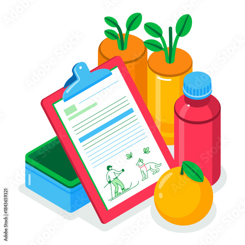 An illustrative arrangement of a clipboard listing health activities, alongside fresh vegetables, vitamin bottles, and an orange, embodying wellness and vigorous lifestyle.