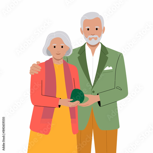 An elderly couple stands closely together, sharing a warm smile while holding a green ball of yarn, symbolizing love, companionship, and the joy of shared moments in life.
