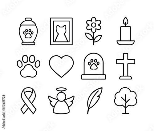 Pet Memorial Icons. Pet memorials. Line icon set of Pet memorial