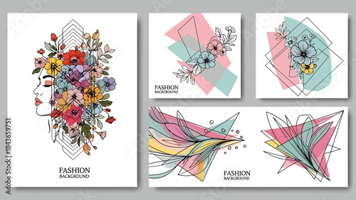 Feminine Beauty and Botanical Elements with Geometric Shapes in Artistic Fashion Graphics