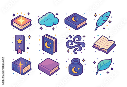 Dreamy Literature Icons. Dreamy literature. Colorful isometric v