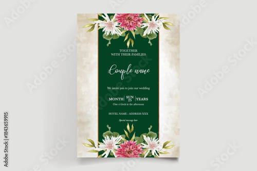 WEDDING INVITATION FRAME WITH FLOWER DECORATIONS AND FRESH LEAVES