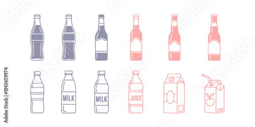 Set of bottle vector illustration with simple line design. Bottle icon, drinks icon
